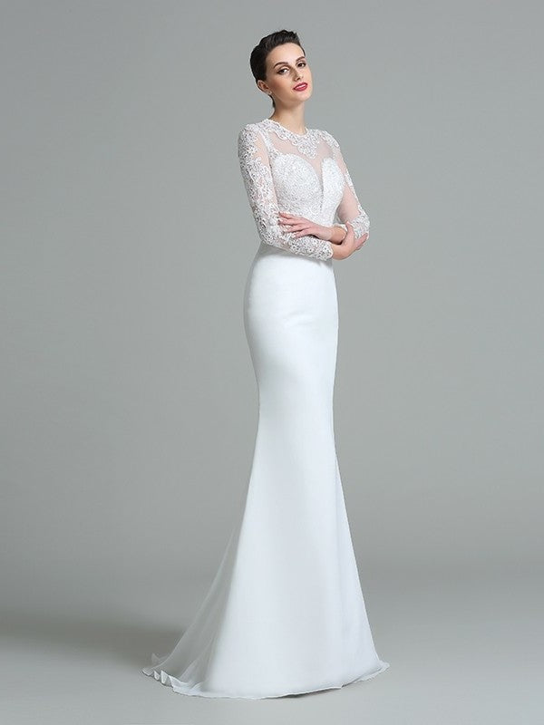 Lace Trumpet/Mermaid Long Sleeves Jewel Long Satin Wedding Dresses