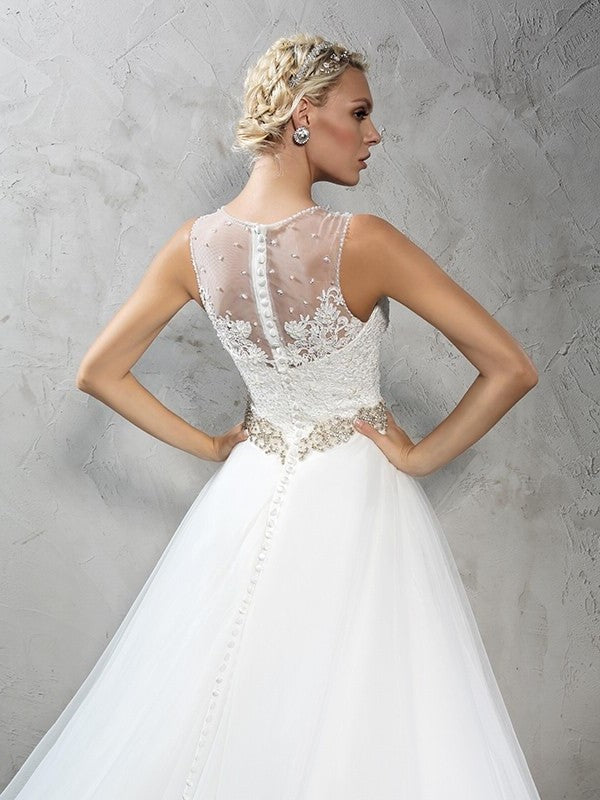 Sleeveless Neck Sheer A-Line/Princess Long Beading Net Wedding Dresses