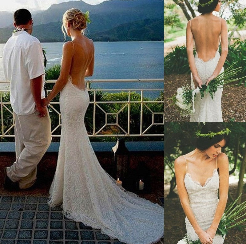 Straps Lace Sleeveless Spaghetti Trumpet/Mermaid Sweep/Brush Ruffles Train Wedding Dresses