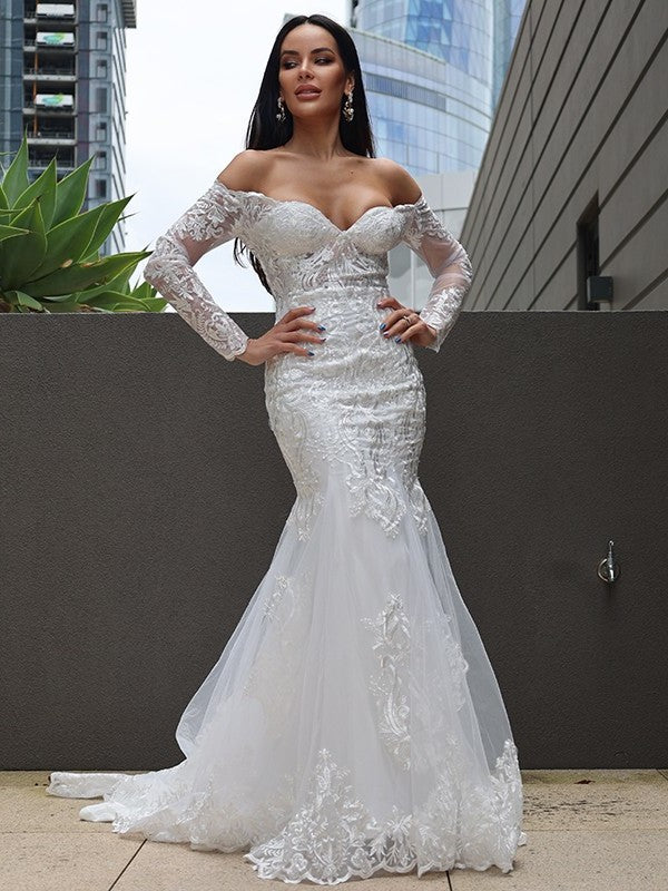 Sweep/Brush Applique Off-the-Shoulder Sleeves Long Trumpet/Mermaid Tulle Train Wedding Dresses