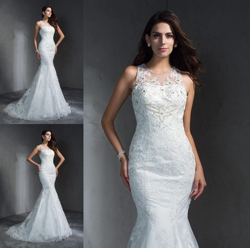 Applique Long Sleeveless Scoop Trumpet/Mermaid Lace Wedding Dresses