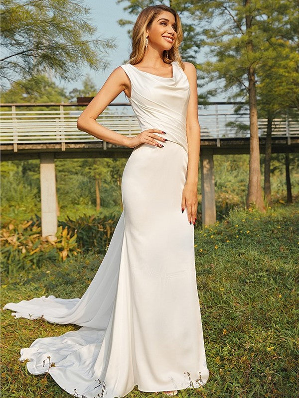 Scoop Satin Sleeveless Sheath/Column Ruched Sweep/Brush Train Wedding Dresses