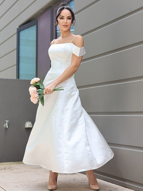 Sleeveless Spaghetti Straps Satin A-Line/Princess Ruffles Ankle-Length Wedding Dresses