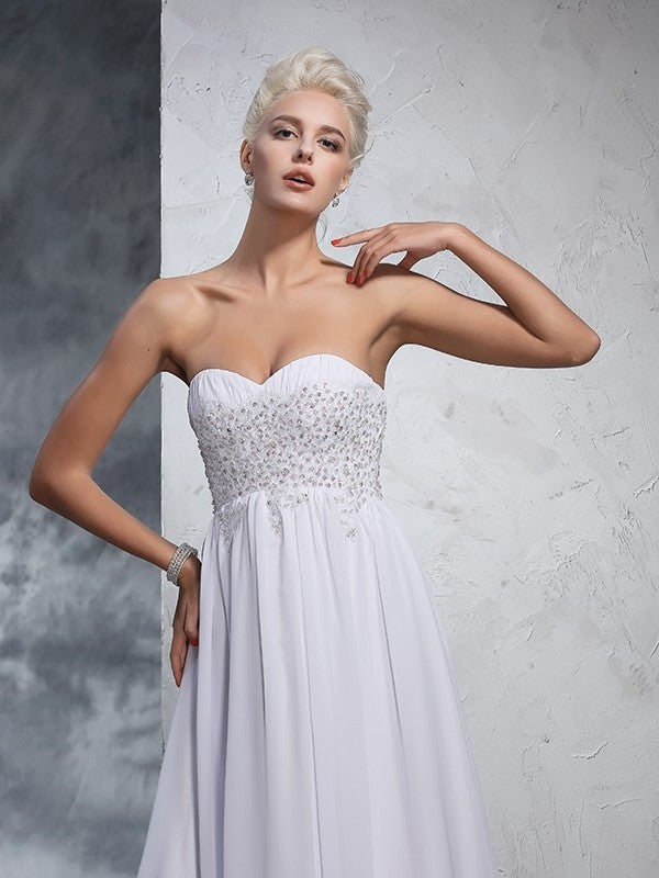 A-Line/Princess Sweetheart Beading Long Sleeveless Chiffon Wedding Dresses