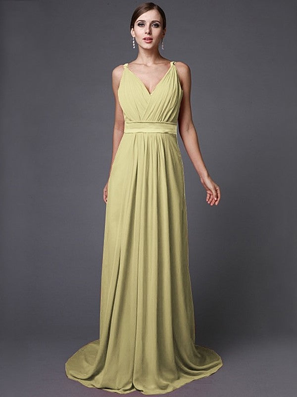 A-Line/Princess Long Sleeveless V-neck Ruffles Chiffon Bridesmaid Dresses