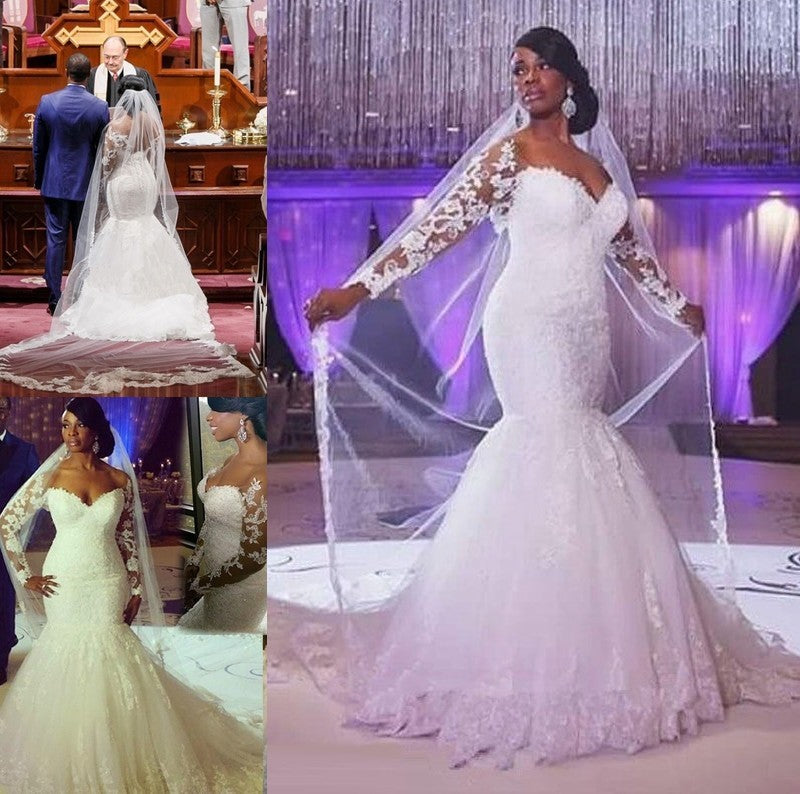 Sweetheart Applique Train Sleeves Sweep/Brush Trumpet/Mermaid Long Tulle Wedding Dresses