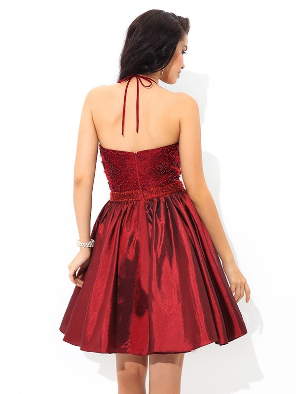 A-Line/Princess Kara Cocktail Homecoming Dresses Halter Beading Sleeveless Short Taffeta Dresses