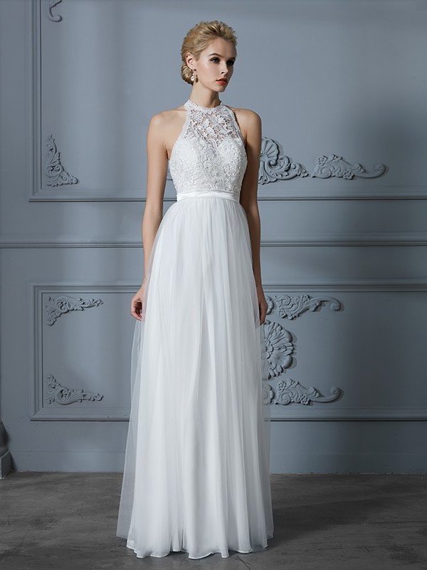 A-Line/Princess Scoop Tulle Sleeveless Floor-Length Wedding Dresses