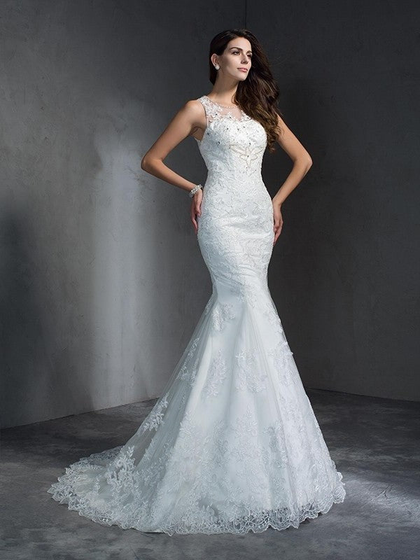 Applique Long Sleeveless Scoop Trumpet/Mermaid Lace Wedding Dresses