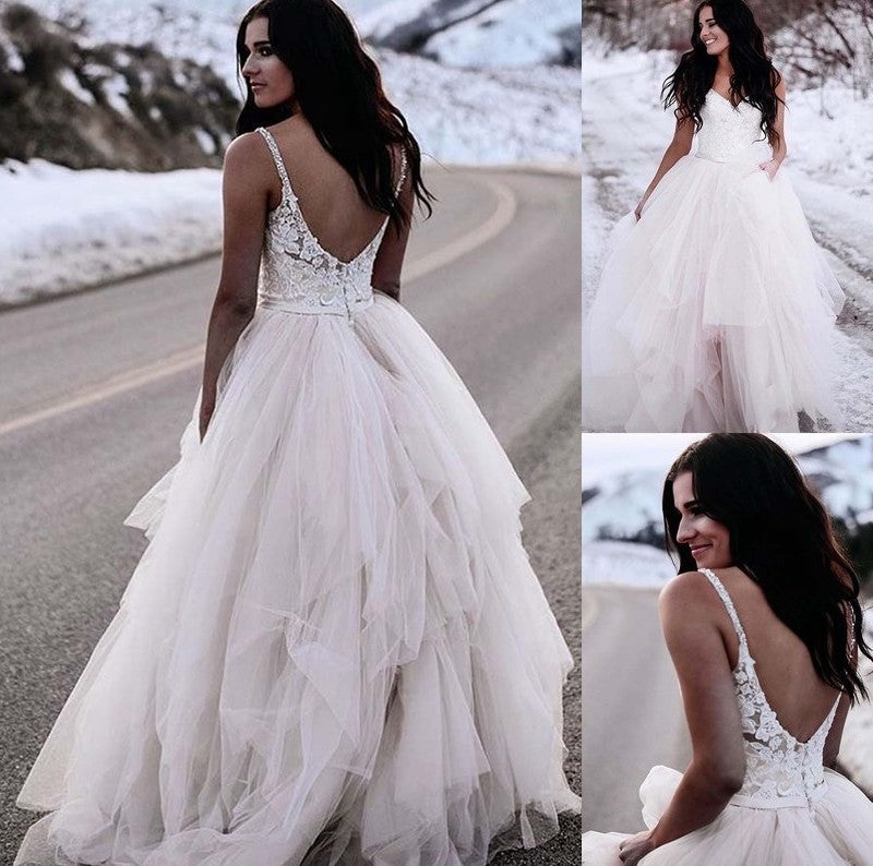 A-Line/Princess Tulle V-neck Ruched Sleeveless Floor-Length Wedding Dresses