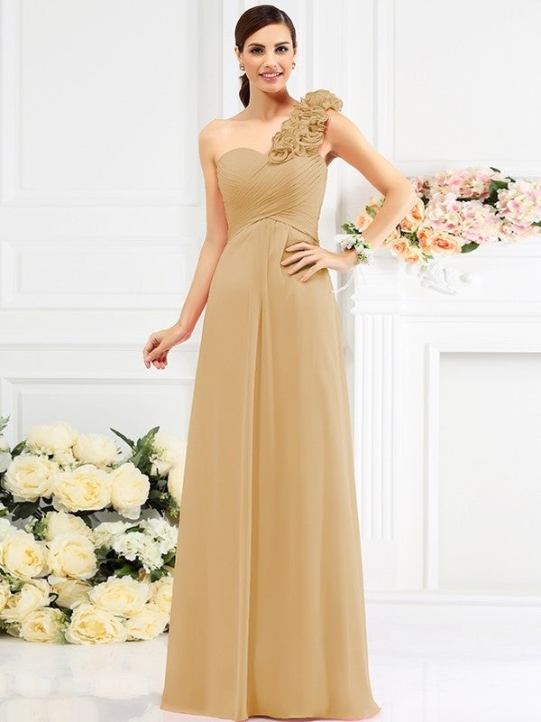 Hand-Made One-Shoulder A-Line/Princess Sleeveless Long Flower Chiffon Bridesmaid Dresses