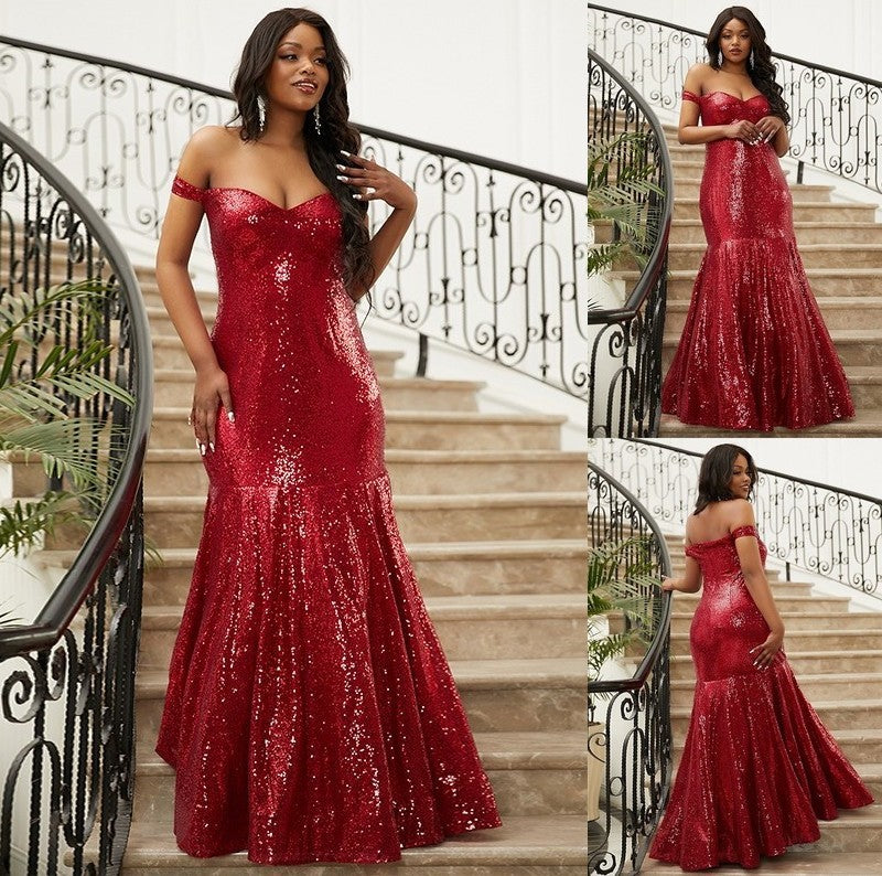 Sequins Ruffles Off-the-Shoulder Trumpet/Mermaid Sleeveless Floor-Length Dresses