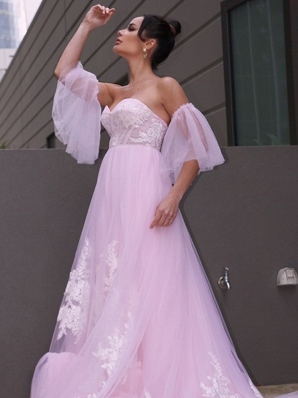 Sleeves A-Line/Princess Short Applique Sweetheart Tulle Court Train Wedding Dresses