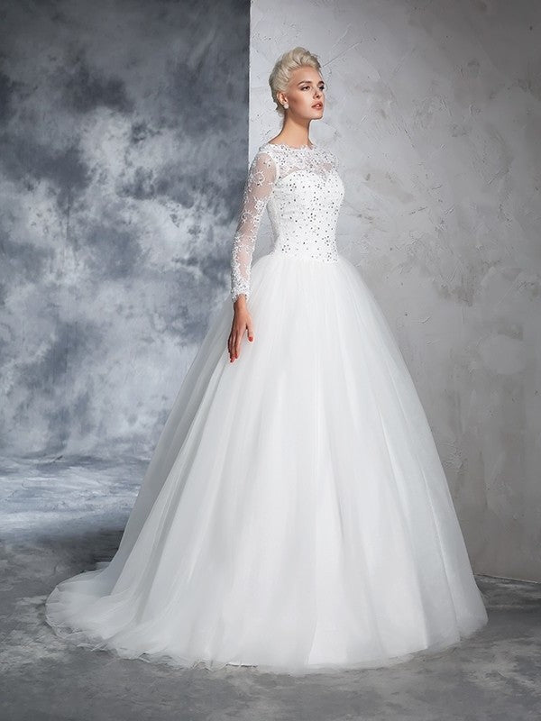 Ball Sleeves Long Bateau Gown Lace Long Net Wedding Dresses