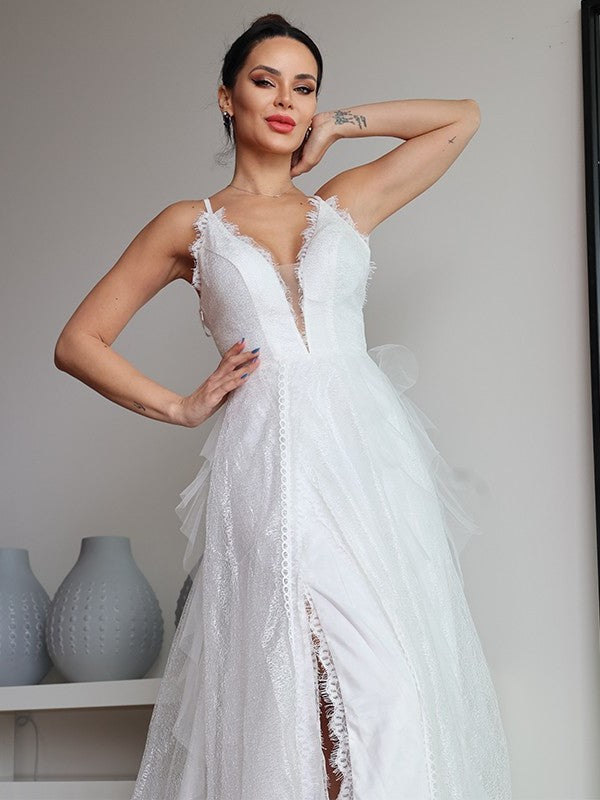 Ruffles A-Line/Princess Lace V-neck Sweep/Brush Sleeveless Train Wedding Dresses