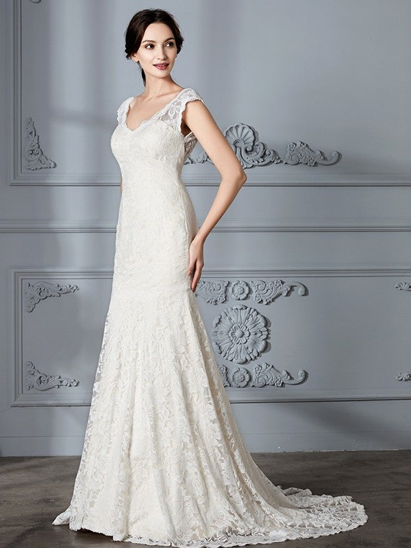 Sleeveless Sweep/Brush V-Neck Lace Trumpet/Mermaid Train Wedding Dresses