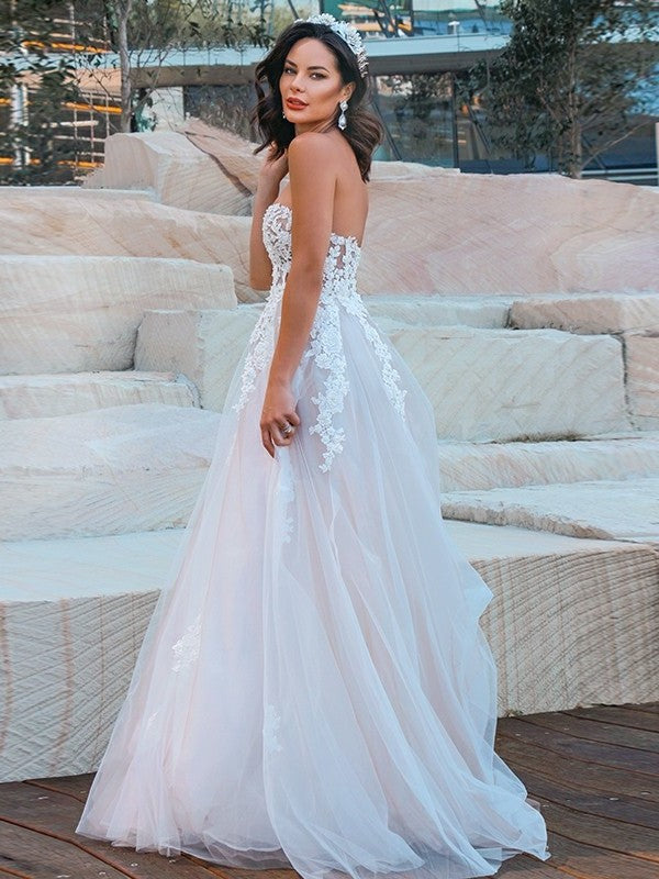 Sleeveless A-Line/Princess Sweetheart Sweep/Brush Tulle Applique Train Wedding Dresses