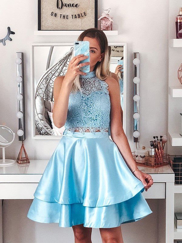 Short/Mini A-Line/Princess Lace Satin Two Halter Sleeveless Piece Homecoming Dresses