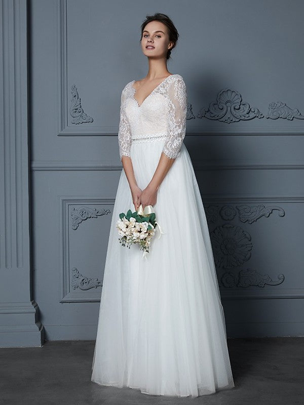 3/4 Lace V-neck Floor-Length A-Line/Princess Sleeves Tulle Wedding Dresses