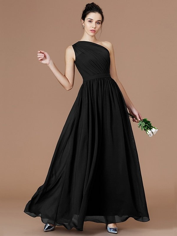 One-Shoulder Sleeveless A-Line/Princess Ruched Floor-Length Chiffon Bridesmaid Dresses