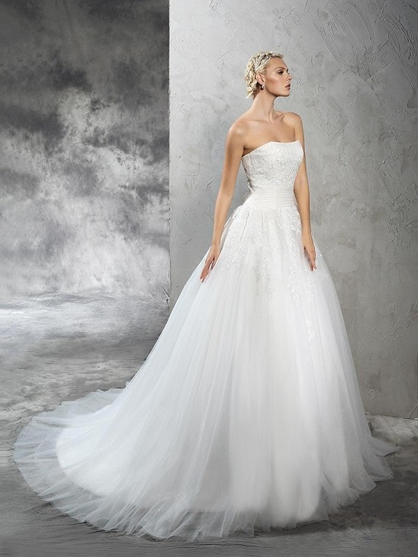 Strapless Ball Sleeveless Gown Long Applique Satin Wedding Dresses