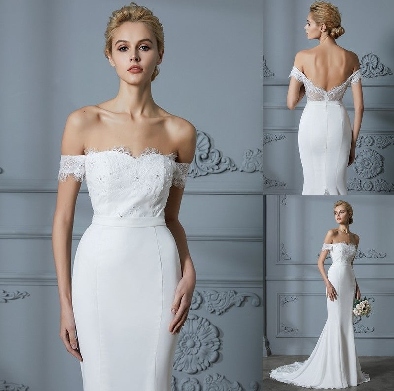 Sweep/Brush Lace Sleeveless Chiffon Off-the-Shoulder Trumpet/Mermaid Train Wedding Dresses