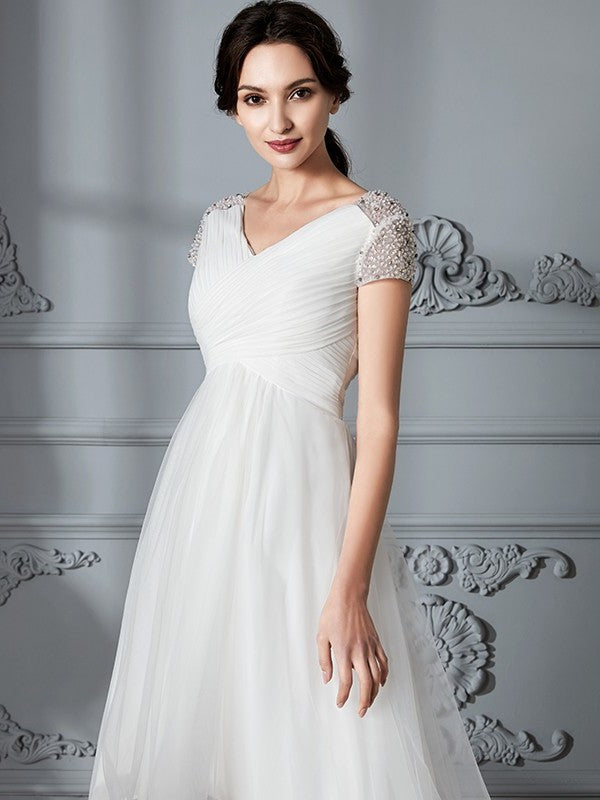 Asymmetrical Short V-neck A-Line/Princess Sleeves Tulle Wedding Dresses