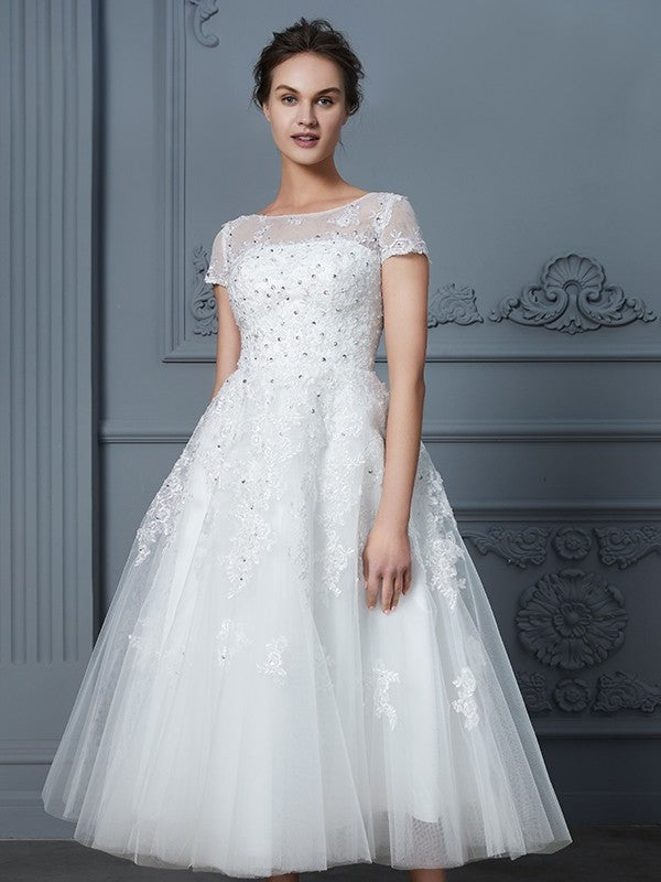 Tea-Length Scoop Short A-Line/Princess Sleeves Beading Tulle Wedding Dresses