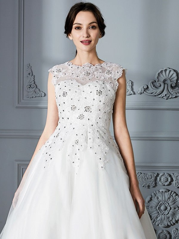 Gown Sleeveless Tea-Length Ball Scoop Tulle Wedding Dresses