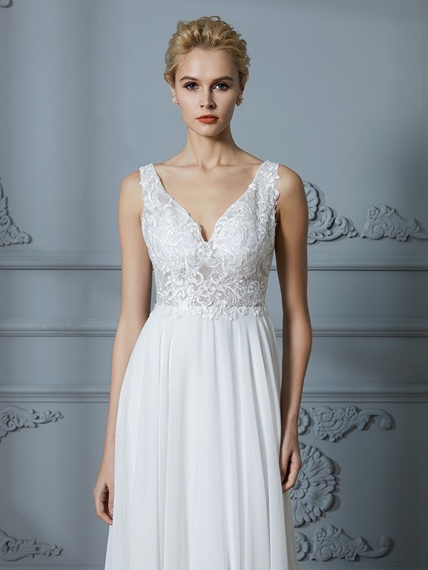 Train Sweep/Brush Sleeveless A-Line/Princess V-neck Chiffon Wedding Dresses