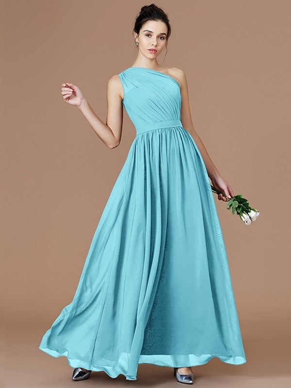 One-Shoulder Sleeveless A-Line/Princess Ruched Floor-Length Chiffon Bridesmaid Dresses