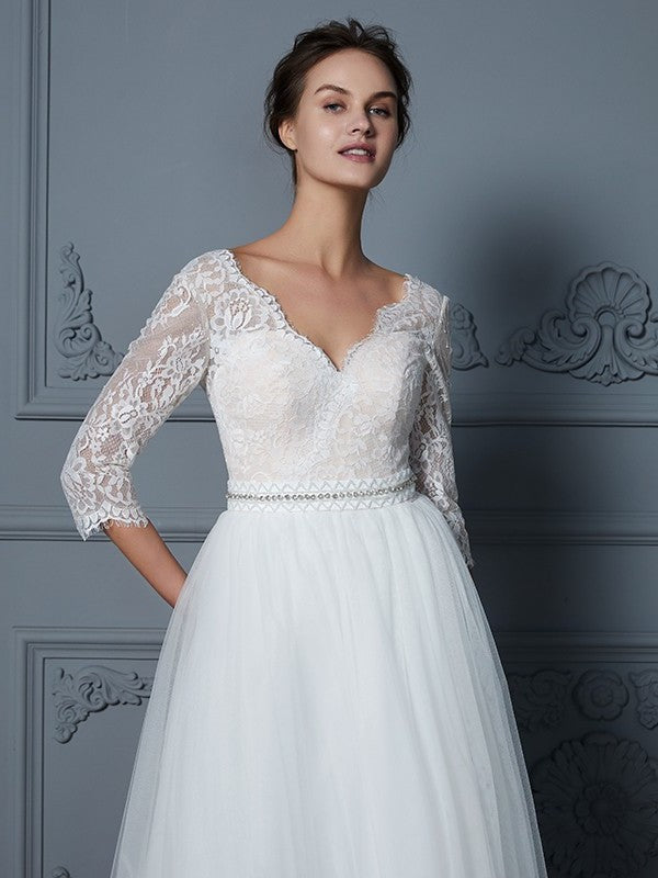 3/4 Lace V-neck Floor-Length A-Line/Princess Sleeves Tulle Wedding Dresses