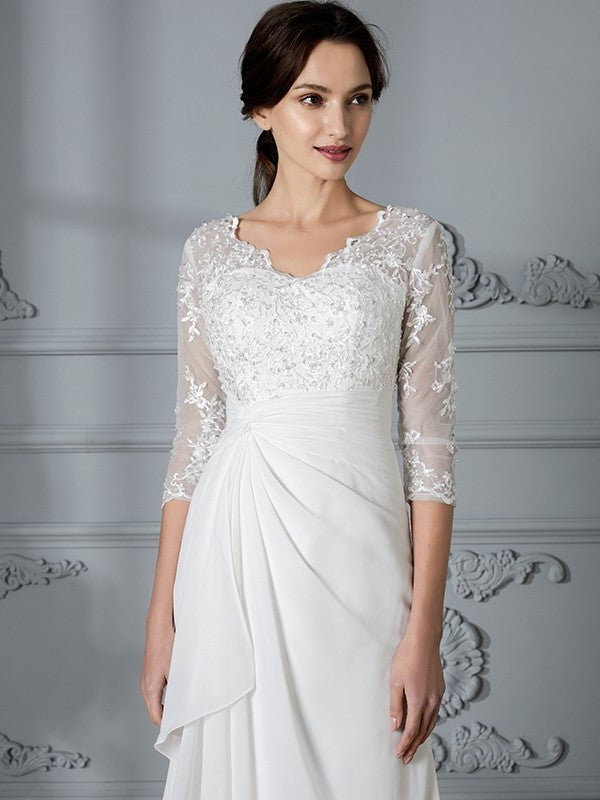 V-neck Chiffon Sheath/Column Sleeves 3/4 Floor-Length Wedding Dresses