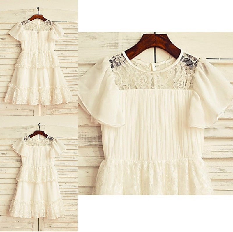 Short Tea-Length Chiffon A-line/Princess Sleeves Scoop Lace Flower Girl Dresses