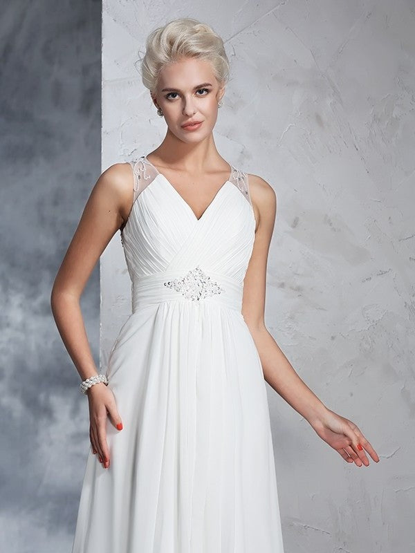 V-neck Ruched Long Sleeveless A-Line/Princess Chiffon Wedding Dresses