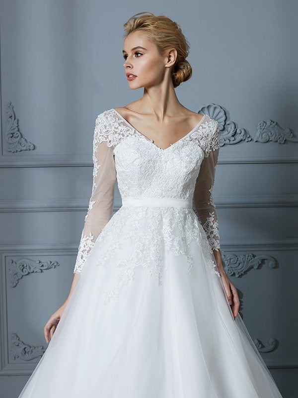 Ball V-neck Court Sleeves Long Train Lace Gown Tulle Wedding Dresses