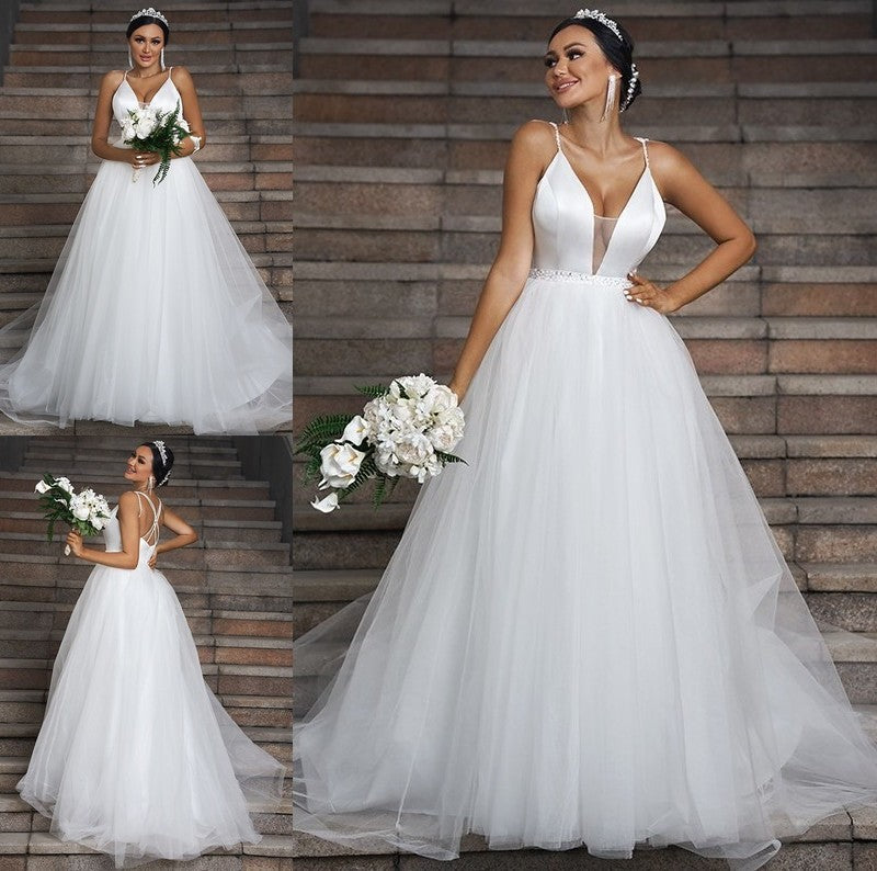 Ruffles Tulle Sleeveless V-neck Sweep/Brush A-Line/Princess Train Wedding Dresses