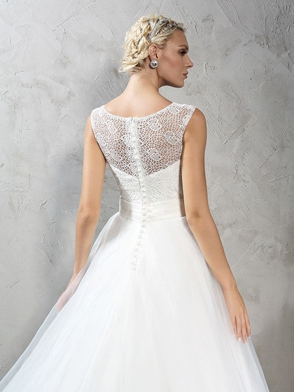 Gown Neck Ball Sleeveless Sash/Ribbon/Belt Long Sheer Net Wedding Dresses