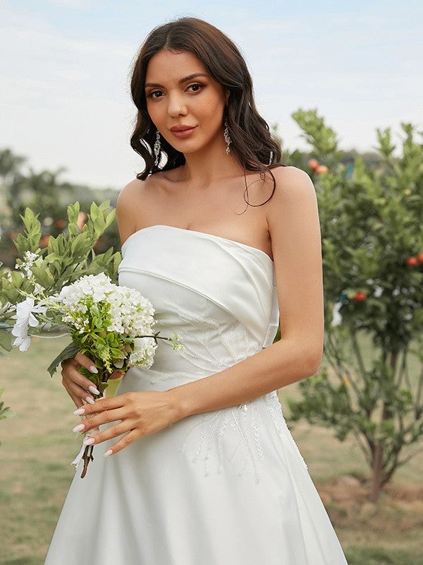 Sweep/Brush Sleeveless Strapless Satin A-Line/Princess Ruched Train Wedding Dresses