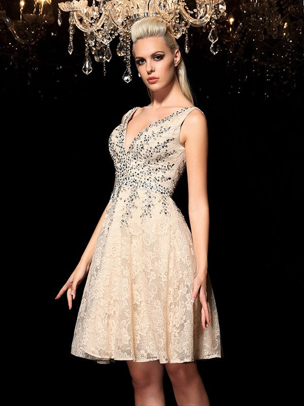 A-Line/Princess V-Neck Cocktail Sherlyn Lace Homecoming Dresses Beading Sleeveless Short Dresses