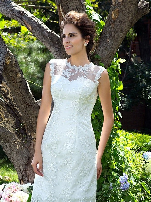 Sleeveless Applique A-Line/Princess Short Neck Sheer Satin Wedding Dresses