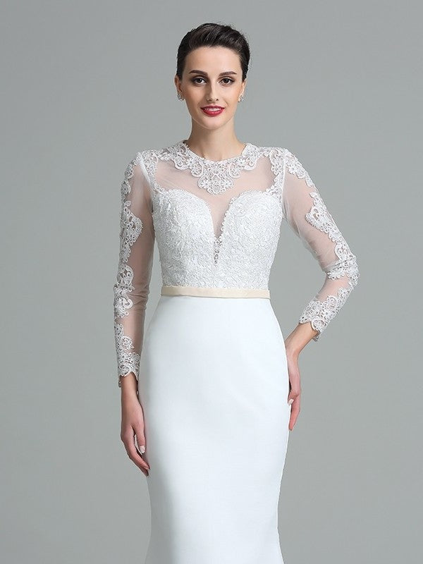 Lace Trumpet/Mermaid Long Sleeves Jewel Long Satin Wedding Dresses