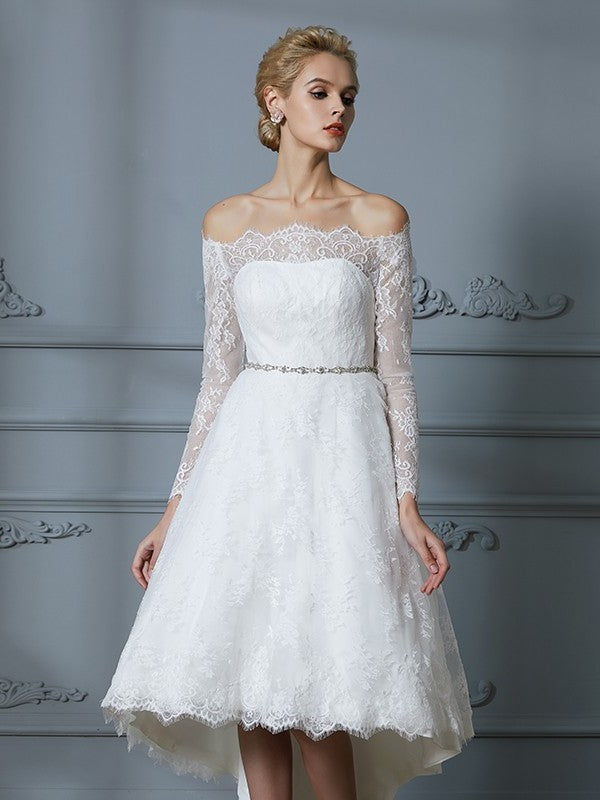 Sleeves Long A-Line/Princess Asymmetrical Off-the-Shoulder Lace Wedding Dresses