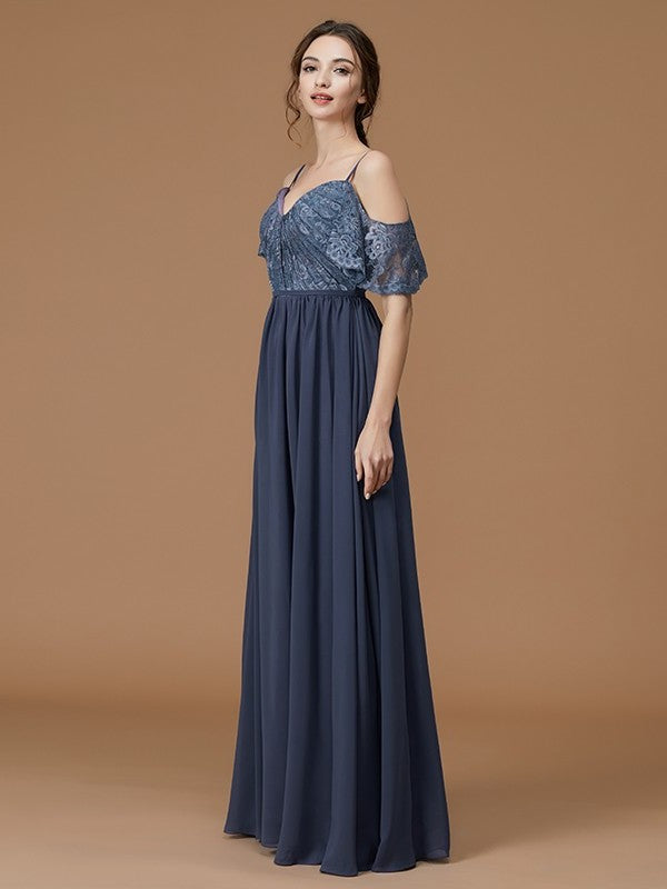 Sleeveless Lace Floor-Length Straps A-Line/Princess Spaghetti Chiffon Bridesmaid Dresses