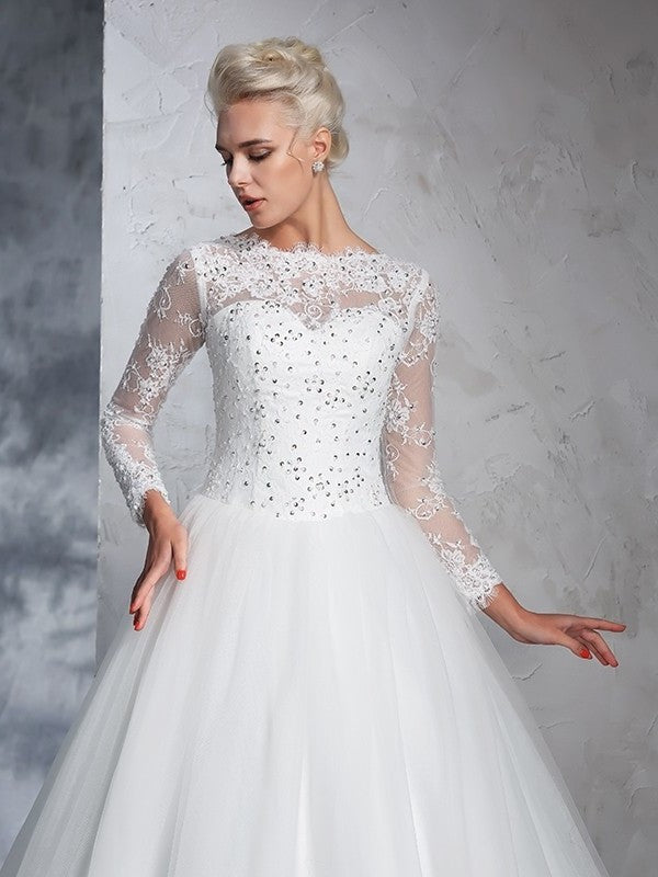 Ball Sleeves Long Bateau Gown Lace Long Net Wedding Dresses