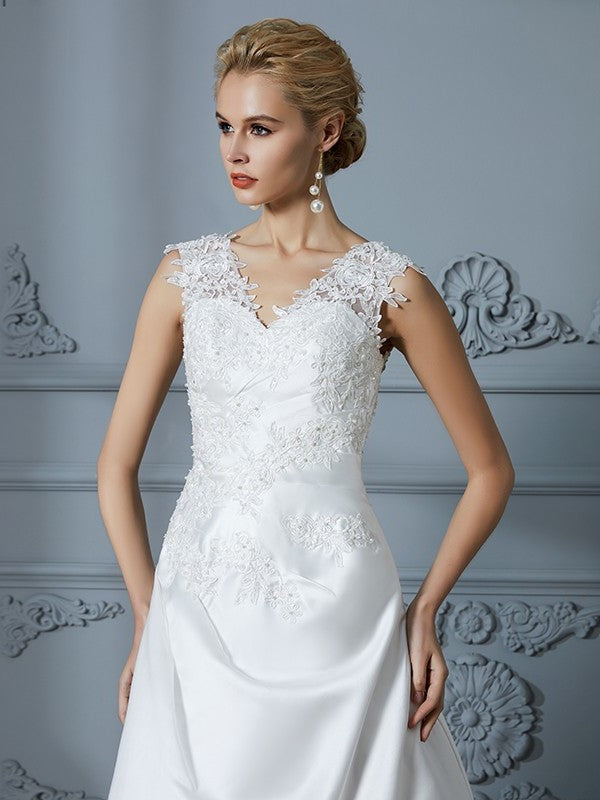 A-Line/Princess V-neck Sleeveless Sweep/Brush Applique Train Satin Wedding Dresses