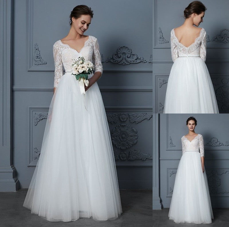 3/4 Lace V-neck Floor-Length A-Line/Princess Sleeves Tulle Wedding Dresses