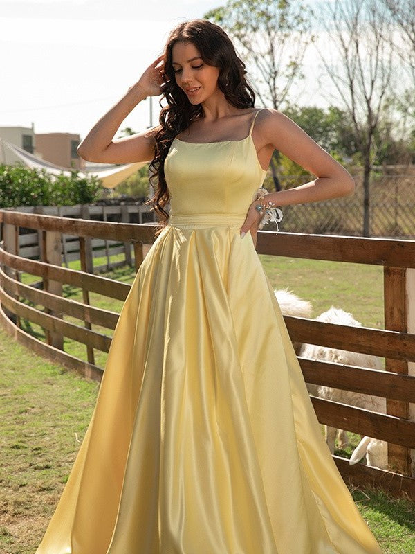 Spaghetti Ruffles Sleeveless Satin A-Line/Princess Straps Sweep/Brush Train Dresses