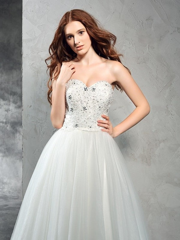 Long Sweetheart A-Line/Princess Beading Sleeveless Net Wedding Dresses