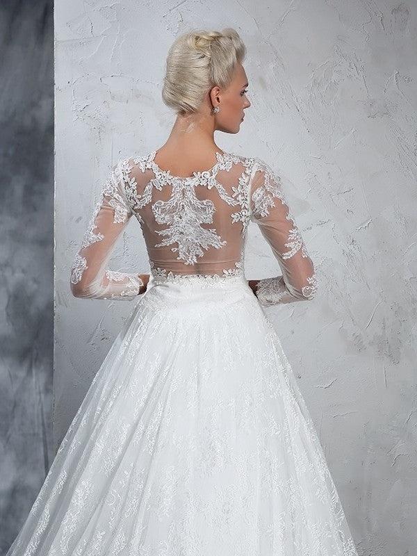 Ball Gown Lace Long Jewel Sleeves Long Lace Wedding Dresses